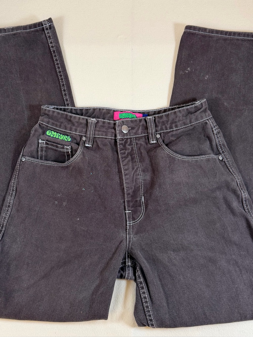 Empyre women's carpenter-style jeans in a washed/faded black with white contrast